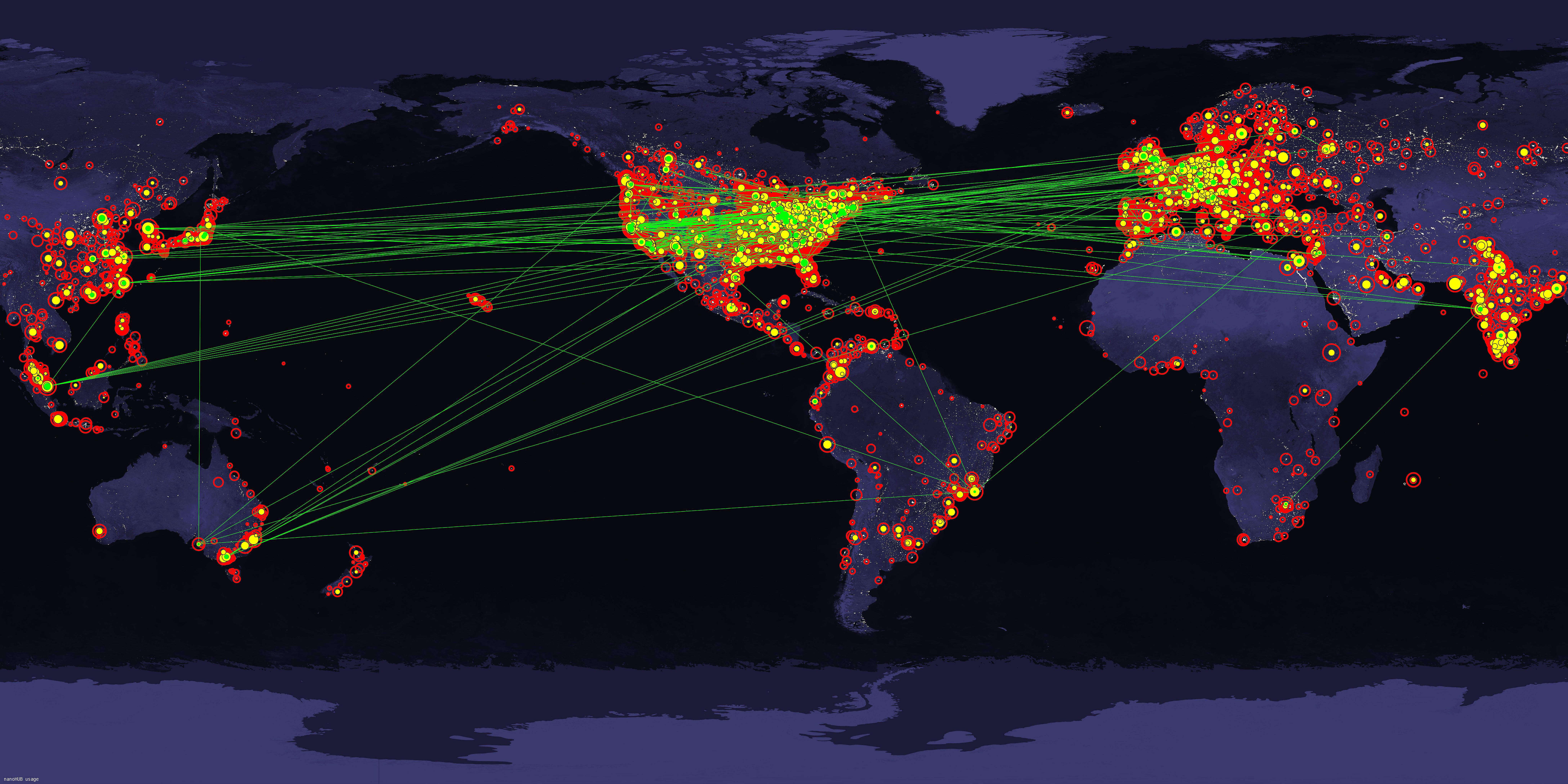 This graphic depicts the global reach of nanoHUB, a pioneering cloud for nanotechnology research and education. The red dots represent lectures and tutorials. Yellow dots represent simulation users, and green lines represent collaborations documented by publications citing nanoHUB as a resource. (Network for Computational Nanotechnology /Purdue University)